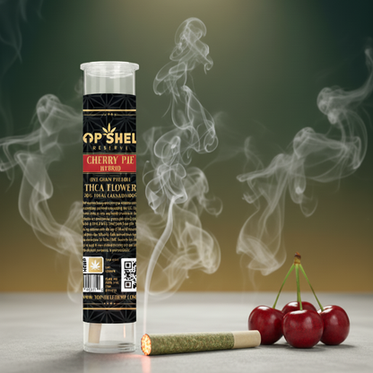 THCA Flower Prerolls Cherry Pie Hybrid 1g lifestyle shot with person enjoying pre-roll and smoke from Top Shelf Hemp Co