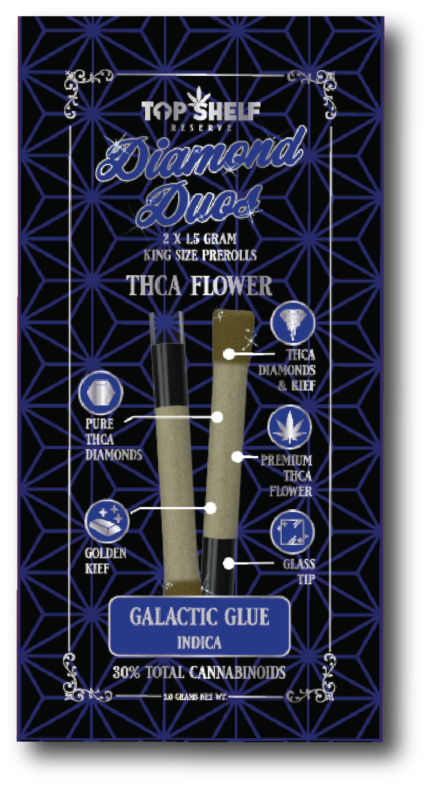 THCA Flower Prerolls Galactic Glue Indica product front view from Top Shelf Hemp Co with packaging and two pre-rolls
