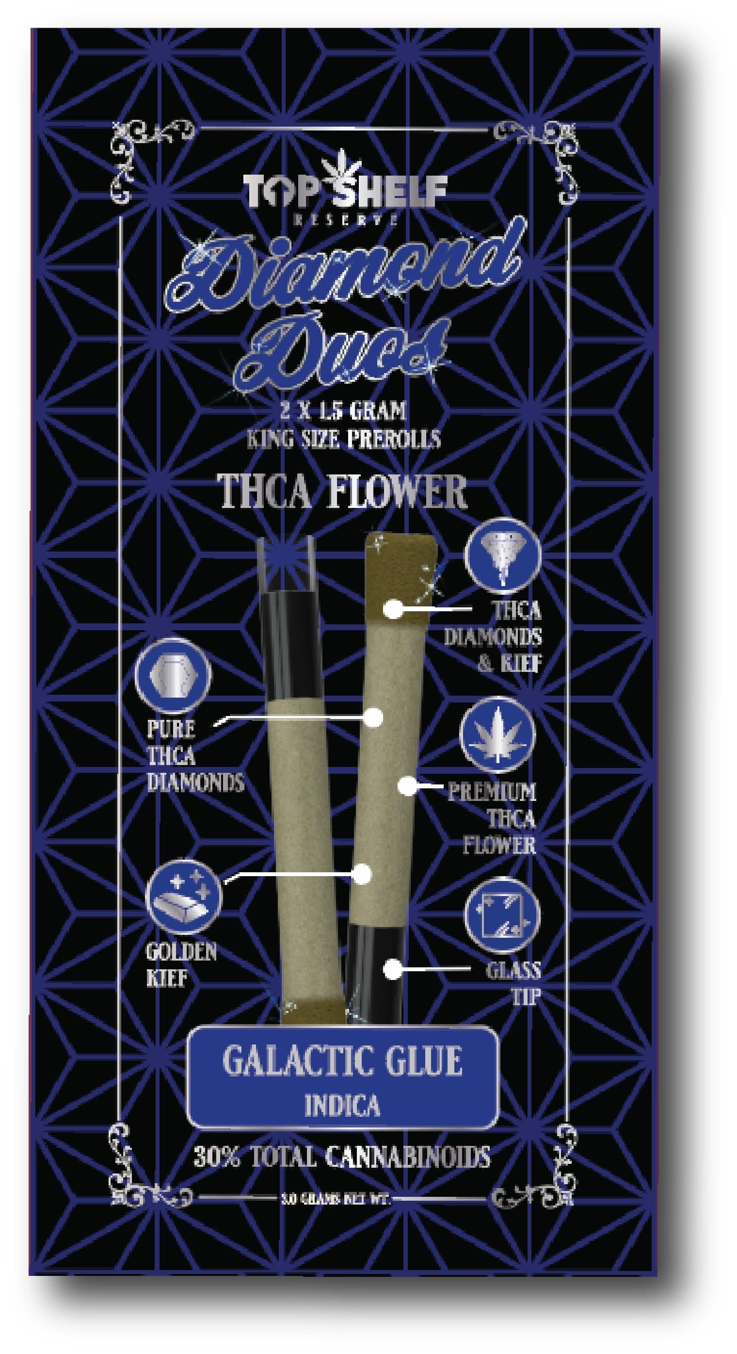 THCA Flower Prerolls Galactic Glue Indica product front view from Top Shelf Hemp Co with packaging and two pre-rolls
