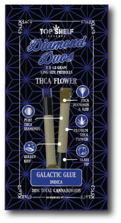 THCA Flower Prerolls Galactic Glue Indica product front view from Top Shelf Hemp Co with packaging and two pre-rolls