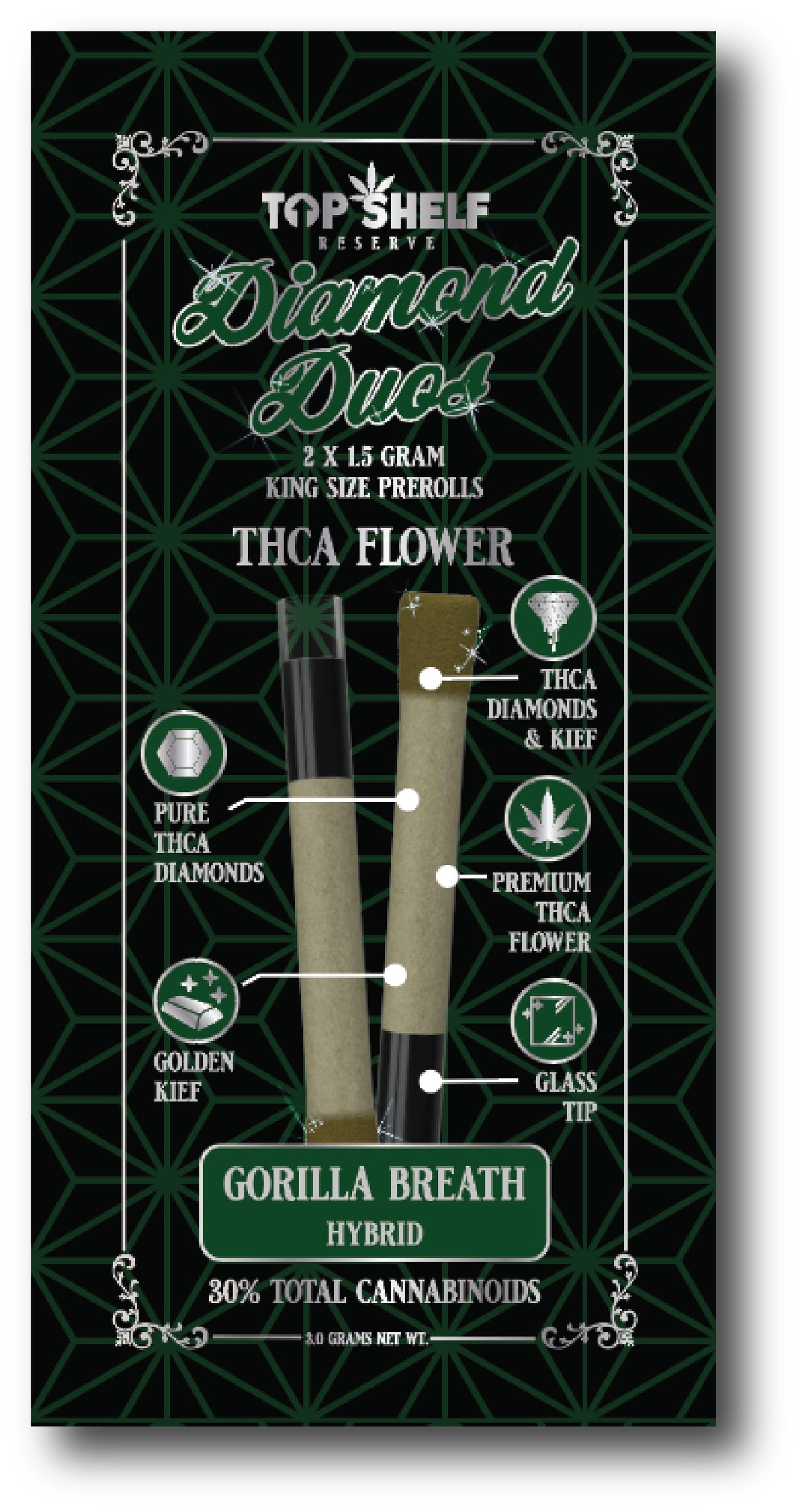 THCA Flower Prerolls Gorilla Breath Hybrid product front view from Top Shelf Hemp Co showing packaging and two pre-rolls
