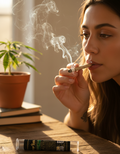 THCA Flower Prerolls Green Crack Sativa 1g lifestyle shot with person enjoying pre-roll and smoke from Top Shelf Hemp Co