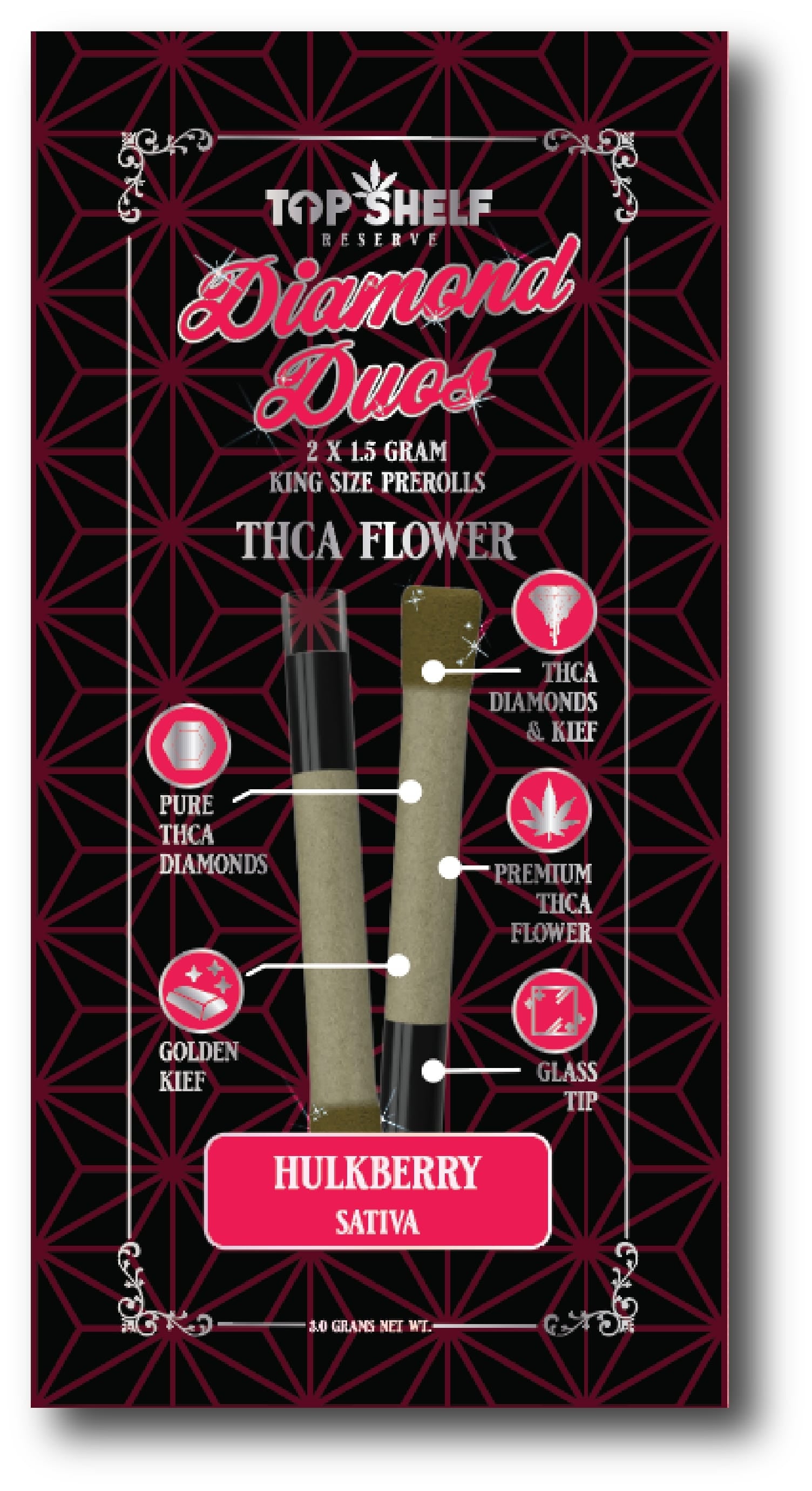 THCA Flower Prerolls Hulkberry Sativa product front view from Top Shelf Hemp Co showing packaging and two pre-rolls