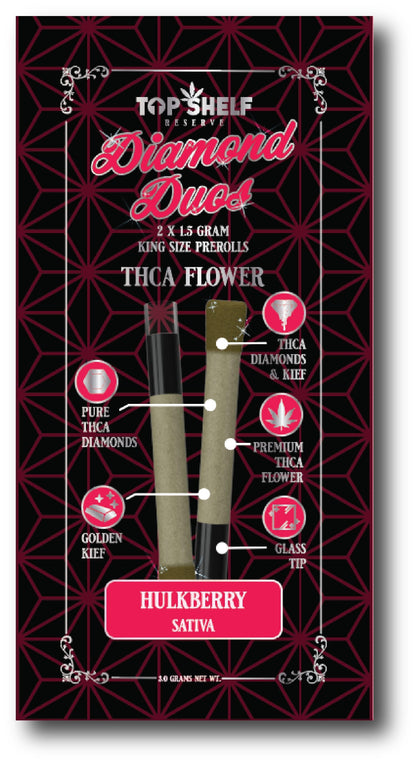 THCA Flower Prerolls Hulkberry Sativa product front view from Top Shelf Hemp Co showing packaging and two pre-rolls