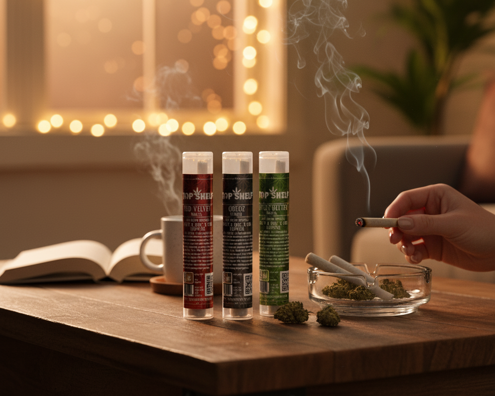 THCA Flower Prerolls Red Velvet, Oreoz, and Apple Fritter from Top Shelf Hemp Co lifestyle image showing hand holding joint with smoke, coffee cup, and jars on table indoors