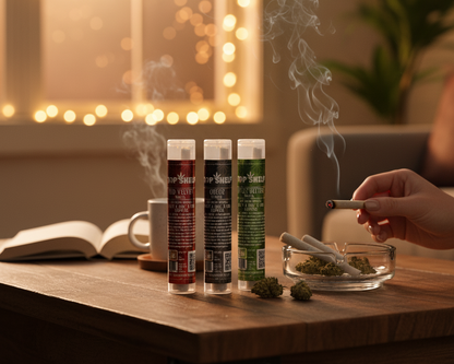 THCA Flower Prerolls Red Velvet, Oreoz, and Apple Fritter from Top Shelf Hemp Co lifestyle image showing hand holding joint with smoke, coffee cup, and jars on table indoors