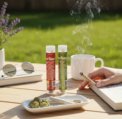 THCA Flower Prerolls Red Velvet and Oreoz from Top Shelf Hemp Co shown in a lifestyle setting with pre-rolls, a coffee cup, and smoke outdoors