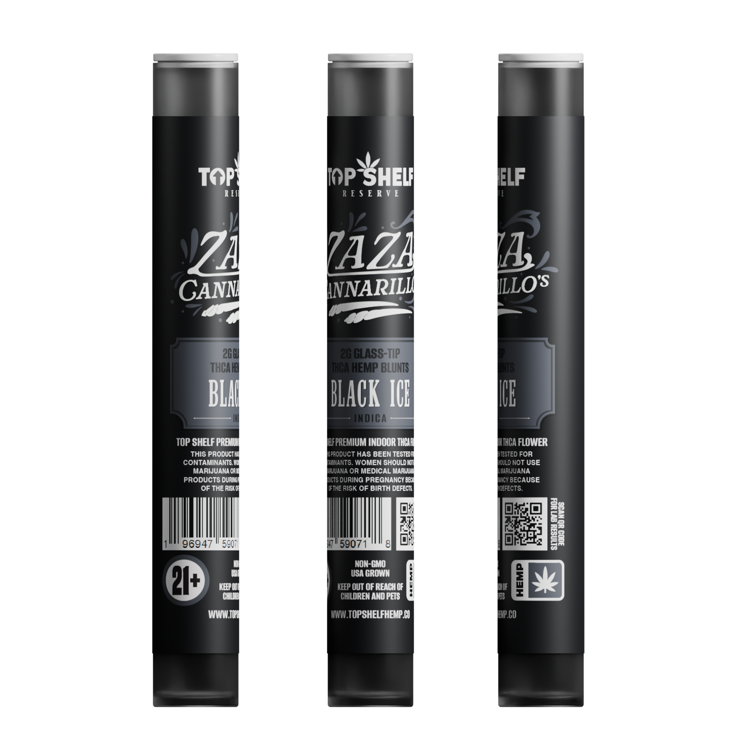 Zaza Cannarillos Black Ice Indica 2g Glass Tip THCA Hemp Blunts front view from Top Shelf Hemp Co