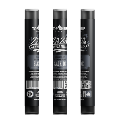 Zaza Cannarillos Black Ice Indica 2g Glass Tip THCA Hemp Blunts front view from Top Shelf Hemp Co