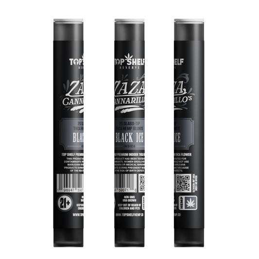 Zaza Cannarillos Black Ice Indica 2g Glass Tip THCA Hemp Blunts front view from Top Shelf Hemp Co