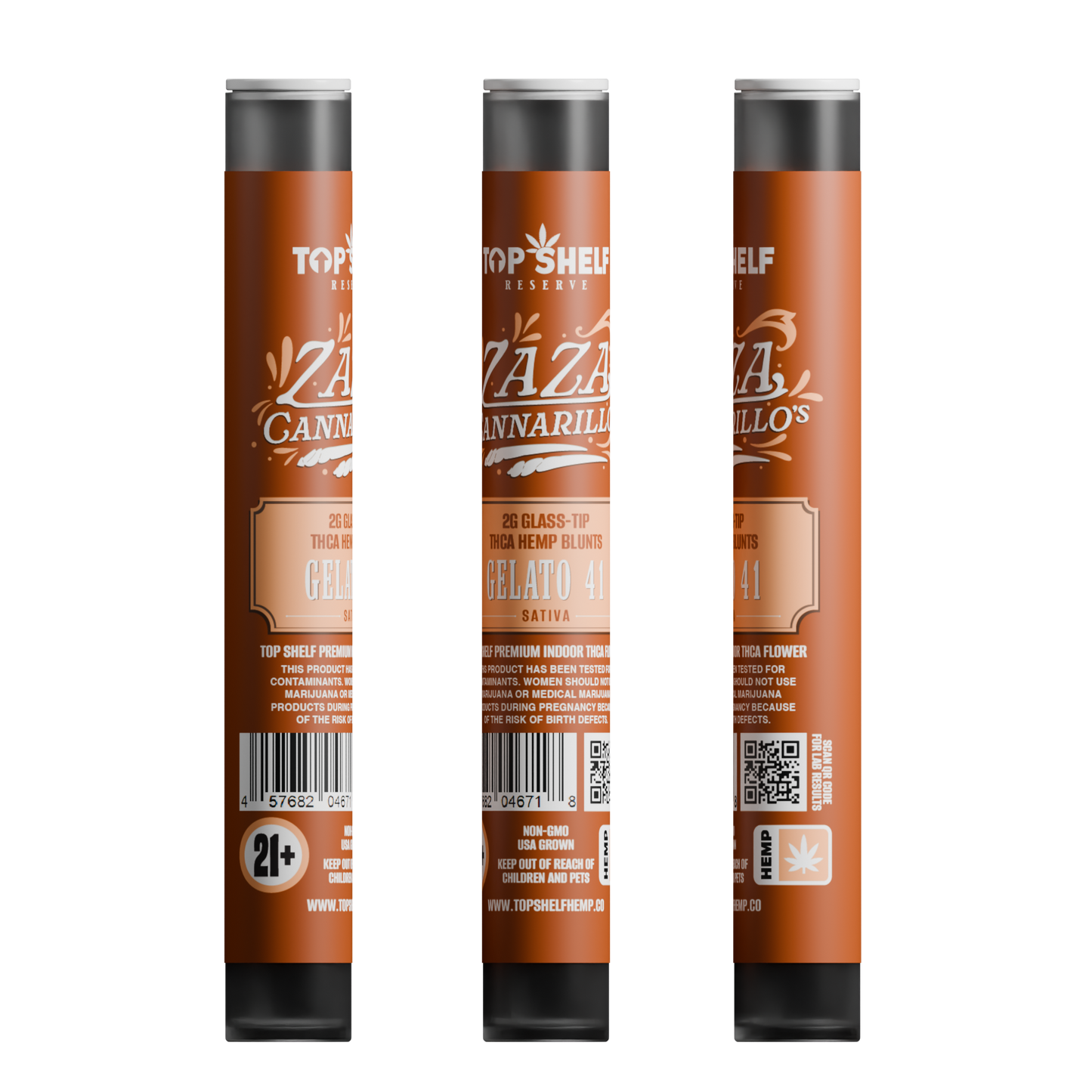 Zaza Cannarillos Gelato 41 Sativa 2g Glass Tip THCA Hemp Blunts front view from Top Shelf Hemp Co