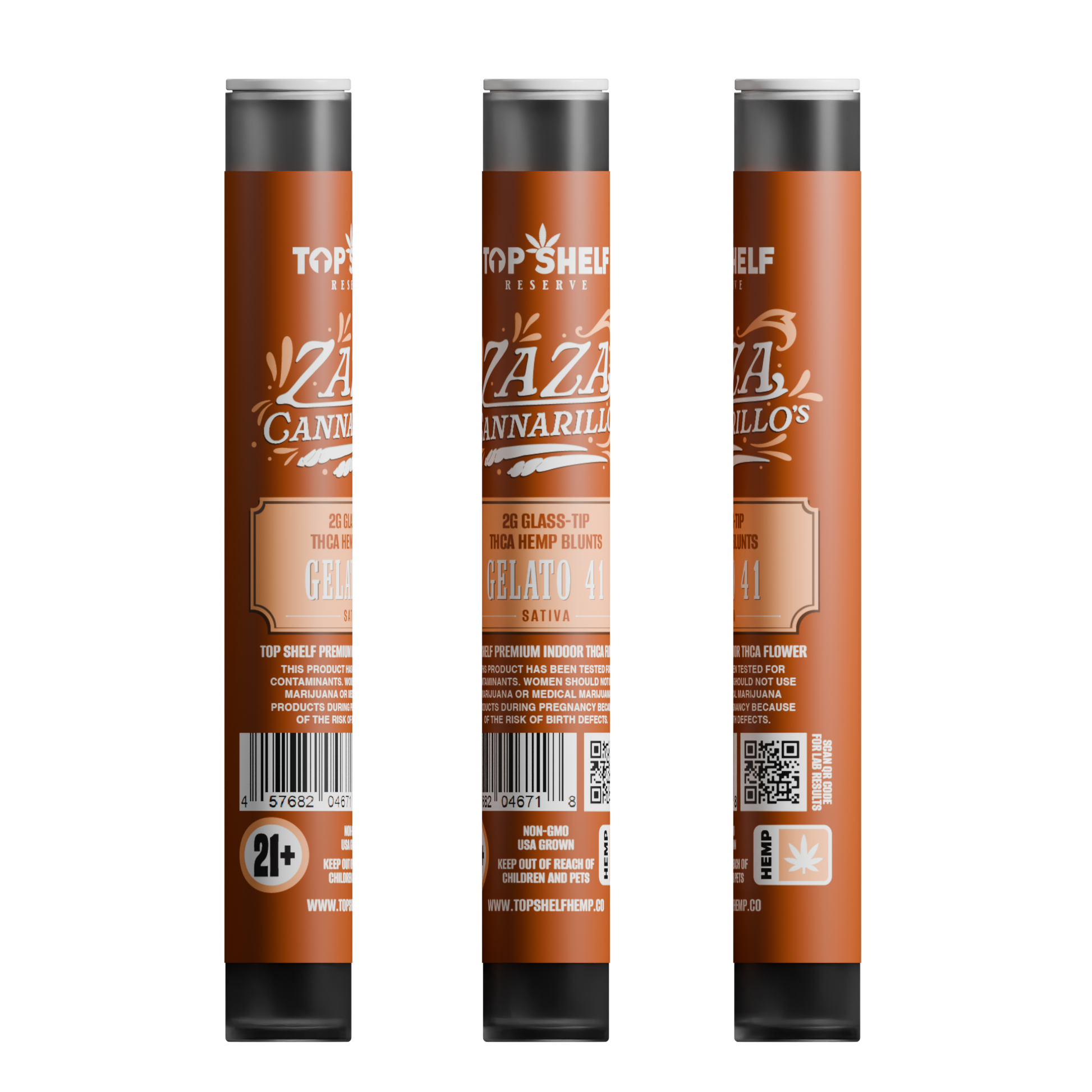 Zaza Cannarillos Gelato 41 Sativa 2g Glass Tip THCA Hemp Blunts front view from Top Shelf Hemp Co