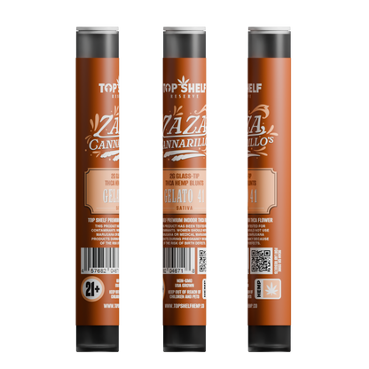 Zaza Cannarillos Gelato 41 Sativa 2g Glass Tip THCA Hemp Blunts front view from Top Shelf Hemp Co