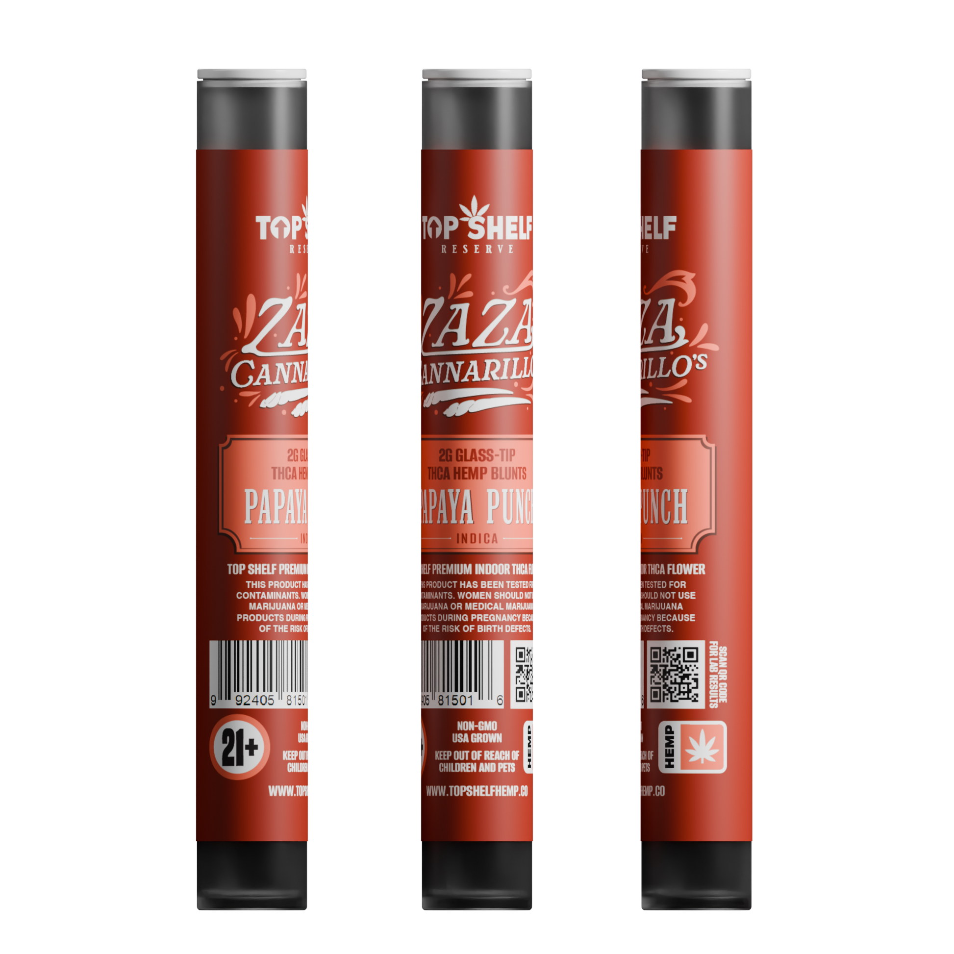 Zaza Cannarillos Papaya Punch Indica 2g Glass Tip THCA Hemp Blunts front view from Top Shelf Hemp Co