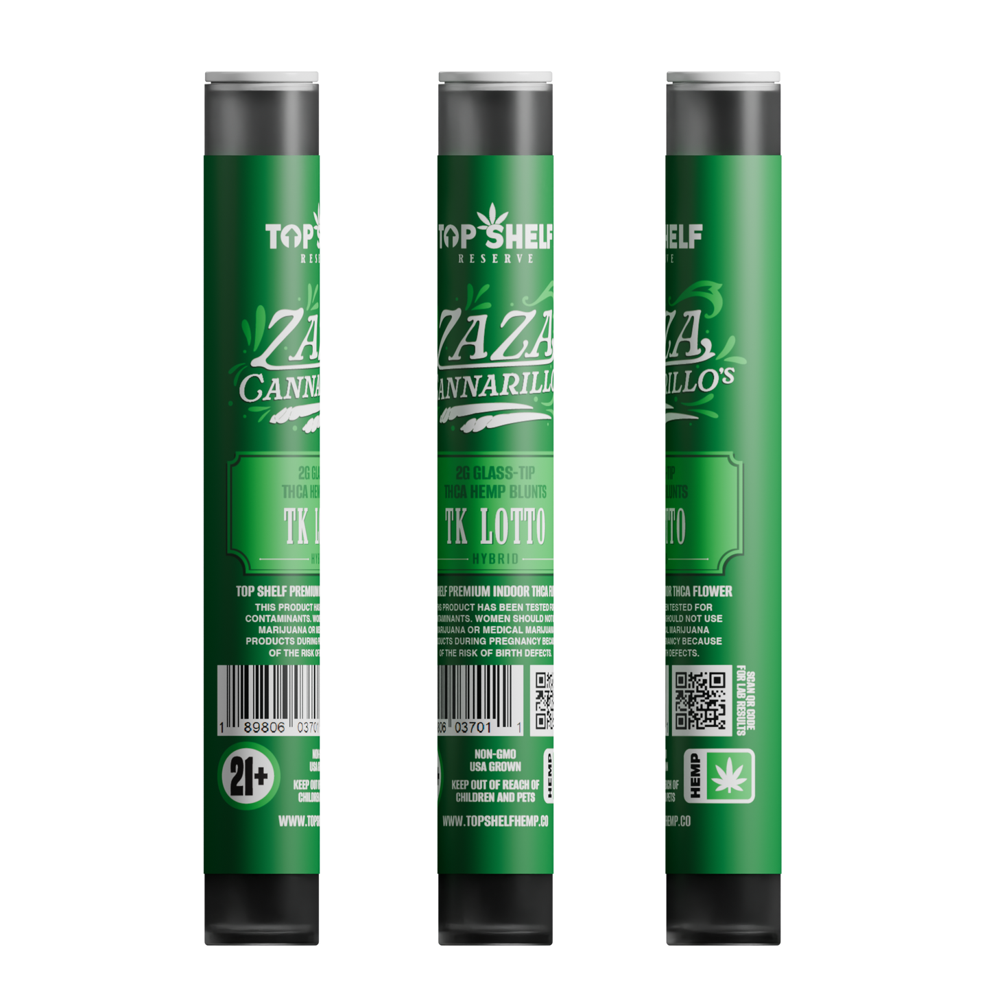 Zaza Cannarillos TK Lotto Hybrid 2g Glass Tip THCA Hemp Blunts front view from Top Shelf Hemp Co