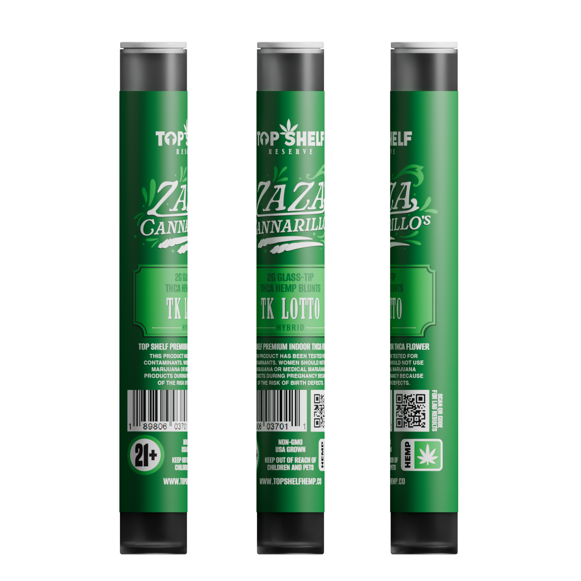 Zaza Cannarillos TK Lotto Hybrid 2g Glass Tip THCA Hemp Blunts front view from Top Shelf Hemp Co