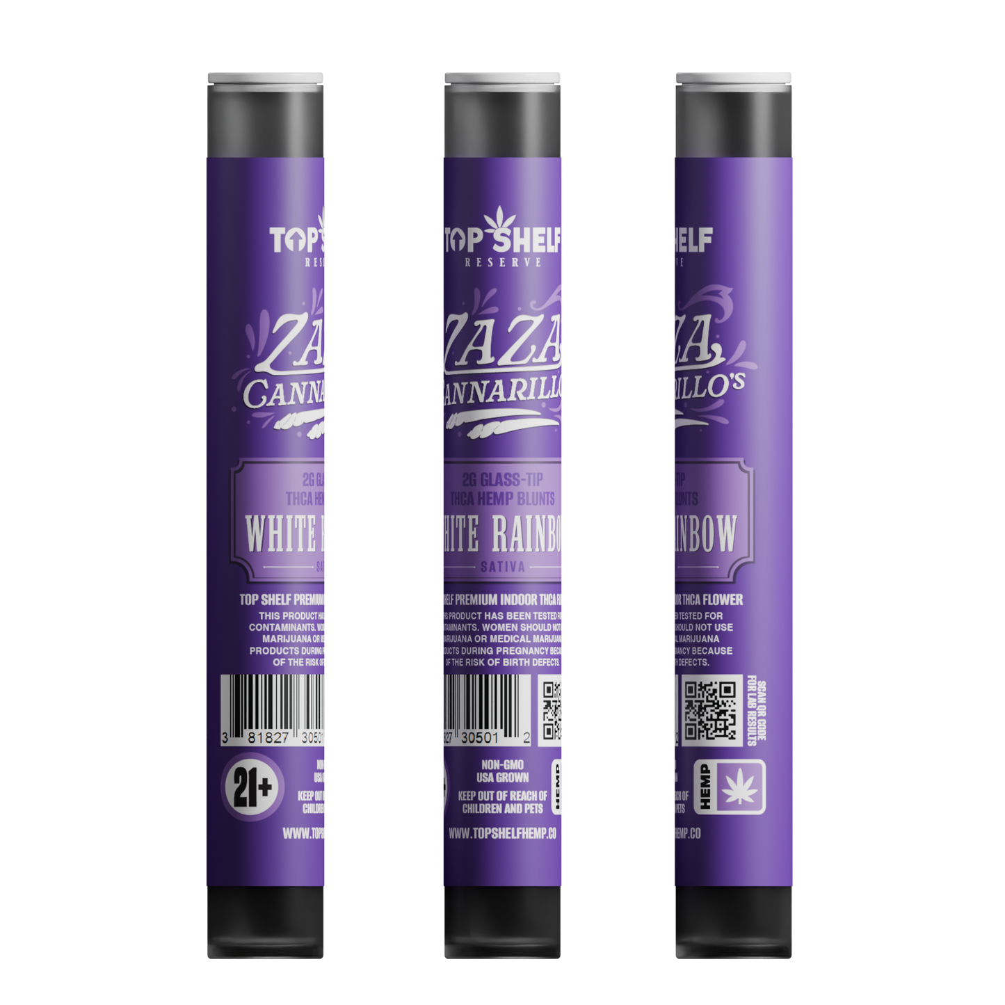 Zaza Cannarillos White Rainbow Sativa 2g Glass Tip THCA Hemp Blunts front view from Top Shelf Hemp Co