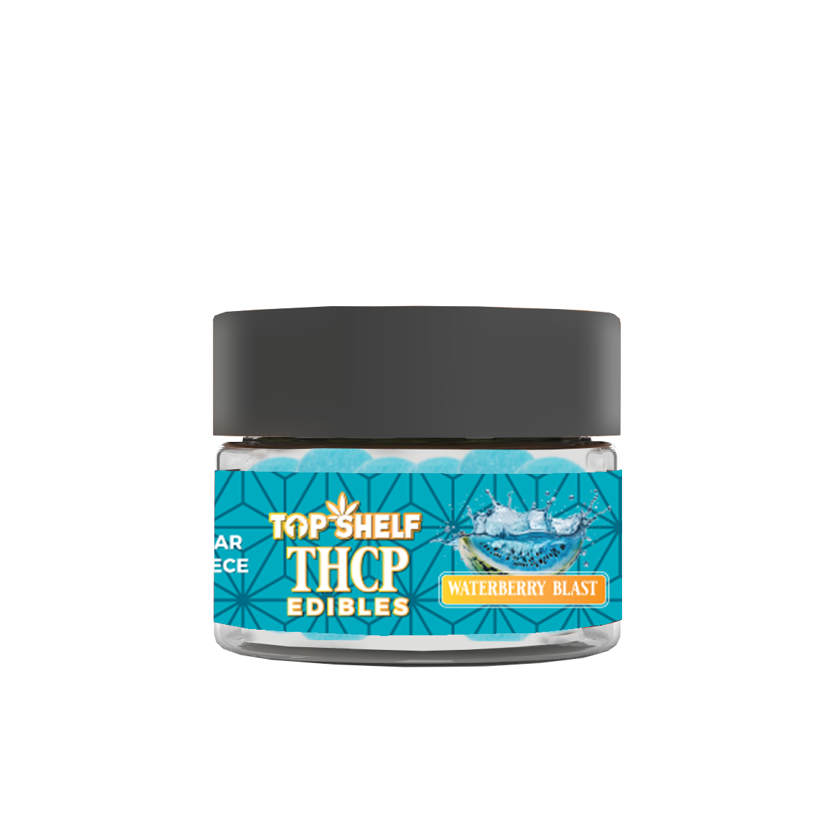 Waterberry Blast THCP Edibles jar with blue gummies inside.