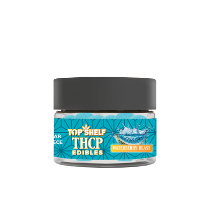 Waterberry Blast THCP Edibles jar with blue gummies inside.