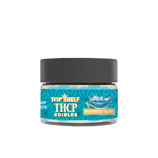 Waterberry Blast THCP Edibles jar with blue gummies inside.