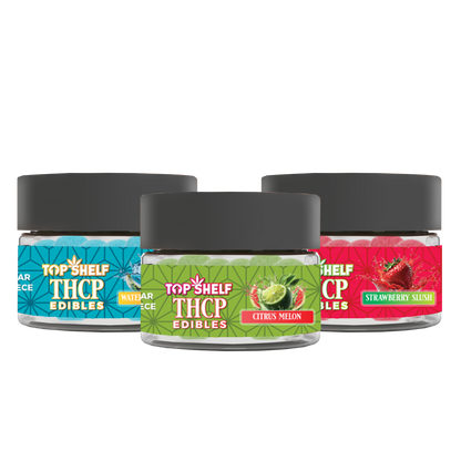 Three jars of THCP Edibles: Waterberry Blast, Citrus Melon, and Strawberry Slush with gummies inside, each with its distinct label color.
