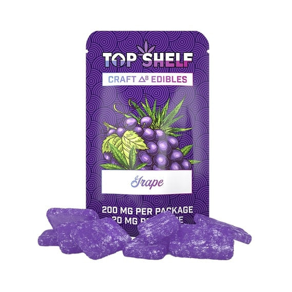 Delta 8 Edibles 200 mg Bag Grape flavor – front view of bag from Top Shelf Hemp Co