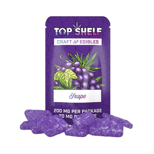 Delta 8 Edibles 200 mg Bag Grape flavor – front view of bag from Top Shelf Hemp Co