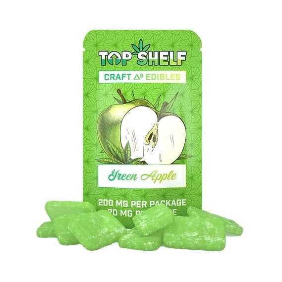 Delta 8 Edibles 200 mg Bag Green Apple flavor – front view of bag from Top Shelf Hemp Co