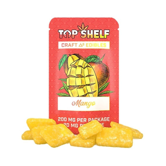 Delta 8 Edibles 200 mg Bag Mango flavor – front view of bag from Top Shelf Hemp Co