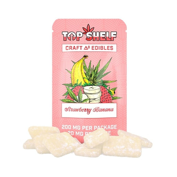 Delta 8 Edibles 200 mg Bag Strawberry Banana flavor – front view of bag from Top Shelf Hemp Co