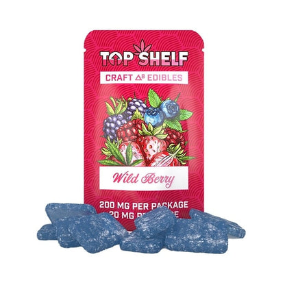 Delta 8 Edibles 200 mg Bag Wild Berry flavor – front view of bag from Top Shelf Hemp Co