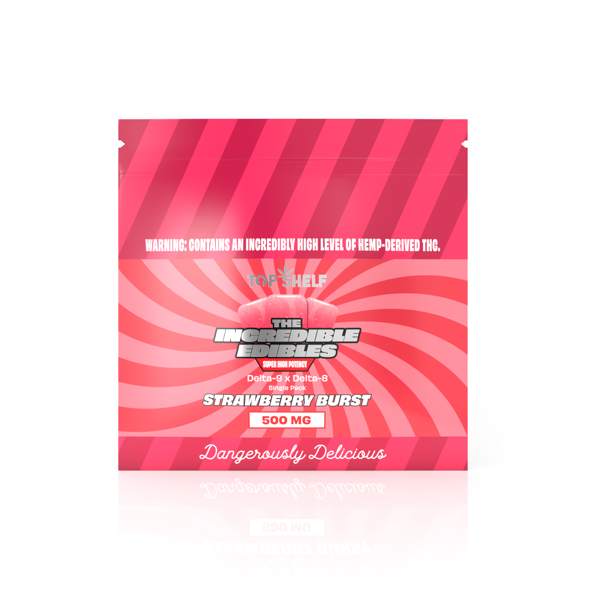 Incredible Edibles Single Pack Strawberry Burst 500 mg – front view of pack from Top Shelf Hemp Co