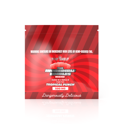 Incredible Edibles Single Pack Tropical Punch 500 mg – front view of pack from Top Shelf Hemp Co